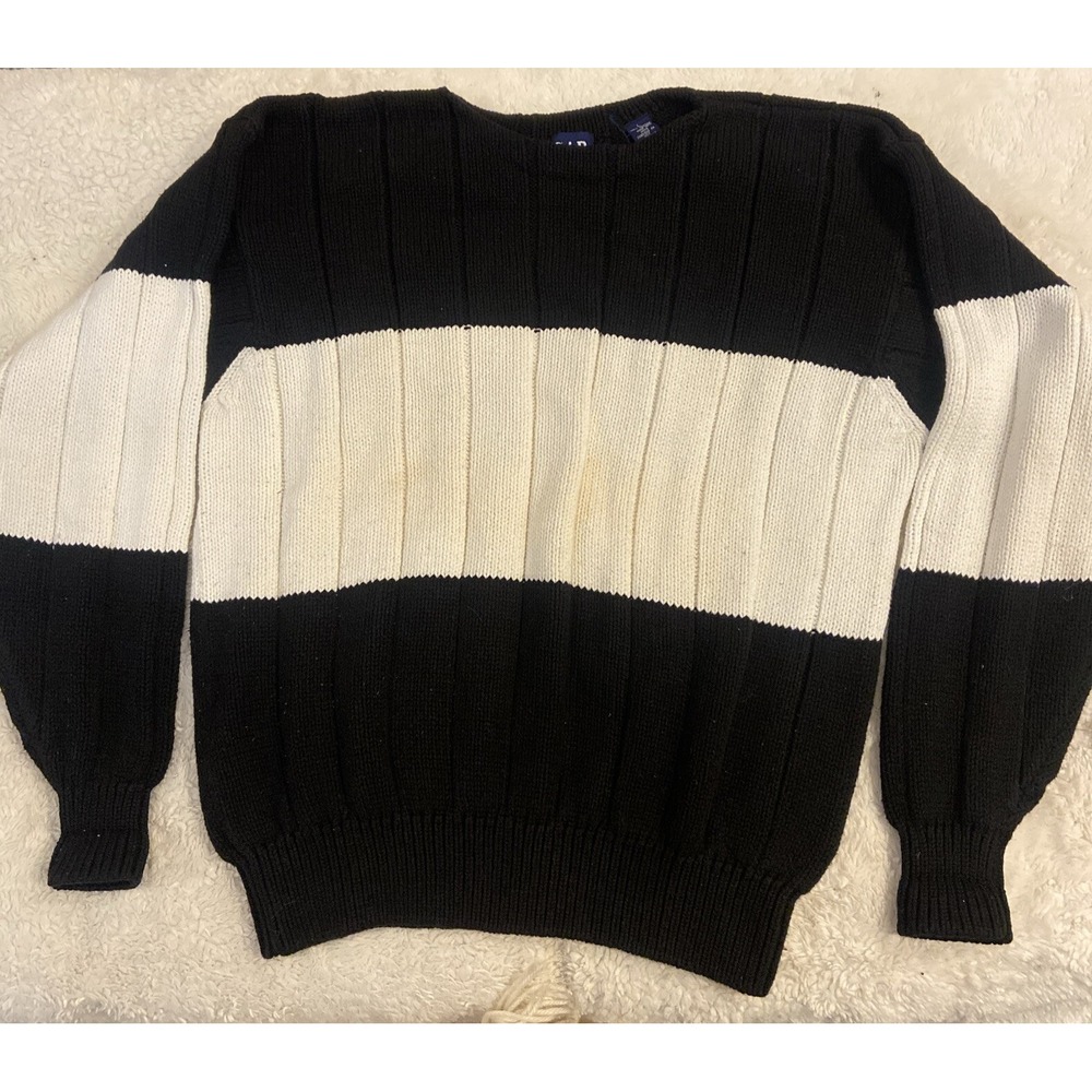 GAP Women's Striped Sweater Black/ Cream Chunky‎ Knit Crew Sz L Nautical Preppy